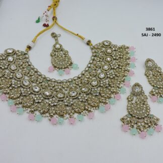 PRIMIUM QUALITY MEHNDI POLISH KUNDAN STONE HEAVY NECKLACE SET